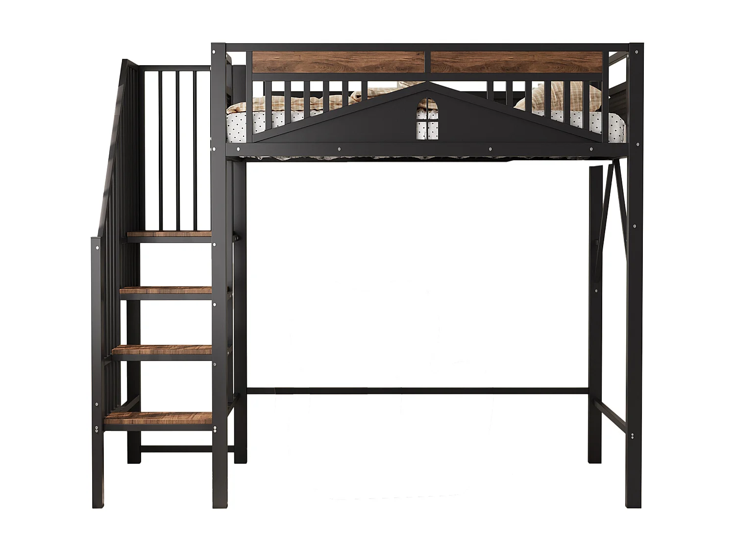 Metalen Hoogslaper 90x200cm - Veiligheidsrand Met Raamdesign - Veiligheidsladder Met Opbergruimte - Kinderkamer - Metaal/Hout - Zwart - Zonder matras