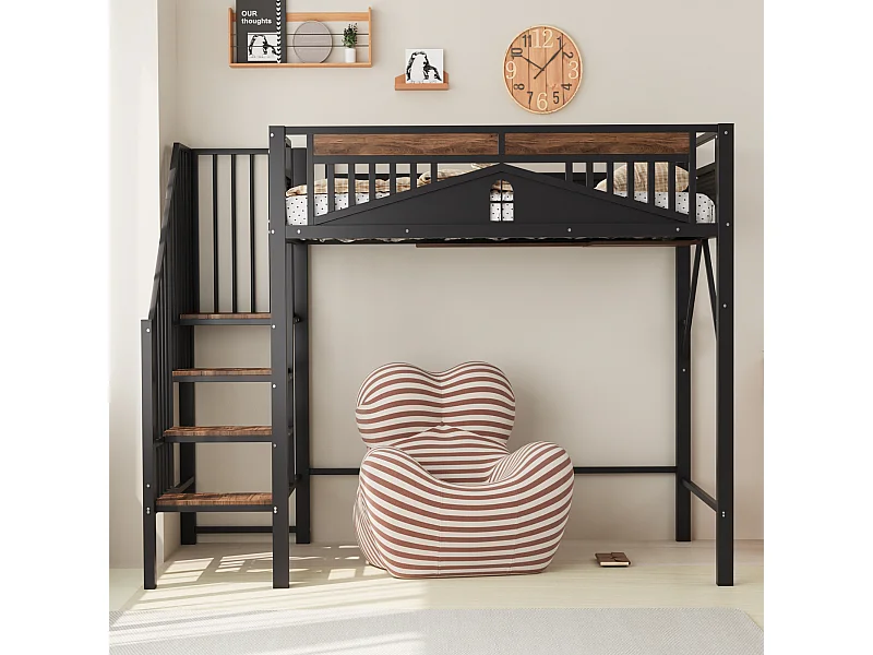 Metalen Hoogslaper 90x200cm - Veiligheidsrand Met Raamdesign - Veiligheidsladder Met Opbergruimte - Kinderkamer - Metaal/Hout - Zwart - Zonder matras