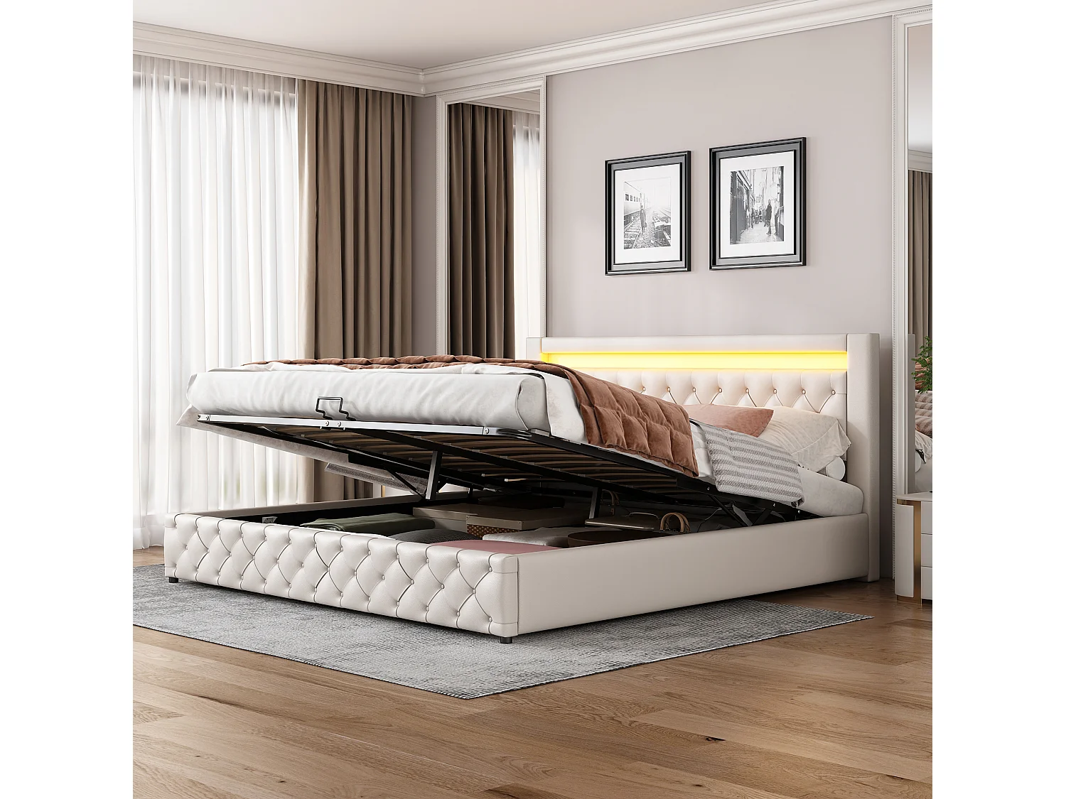 Gestoffeerd Bed 180x200 cm Hoog Hoofdeinde - LED-Verlichting en Gasveer Lattenbodem - Met Opbergruimte - Kunstleer - Wit - Zonder matras