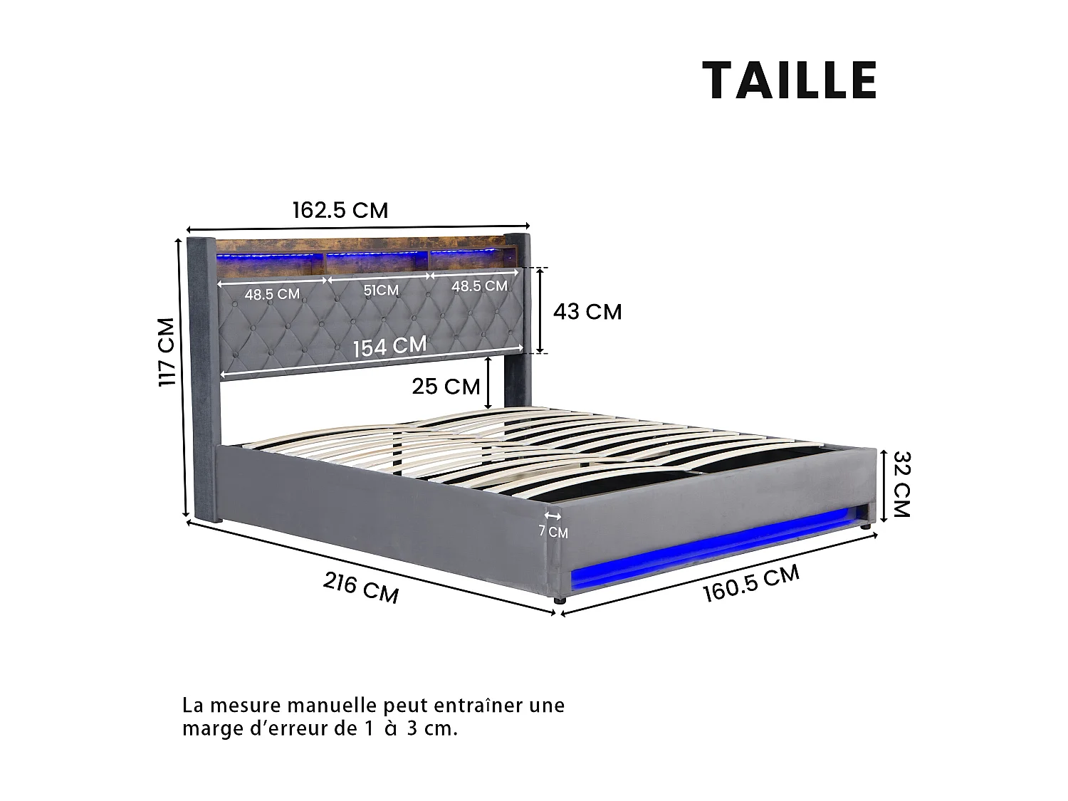 lit coffre double 160x200cm, tête de lit avec port USB, LED, en MDF+ velours gris foncé, sans matelas