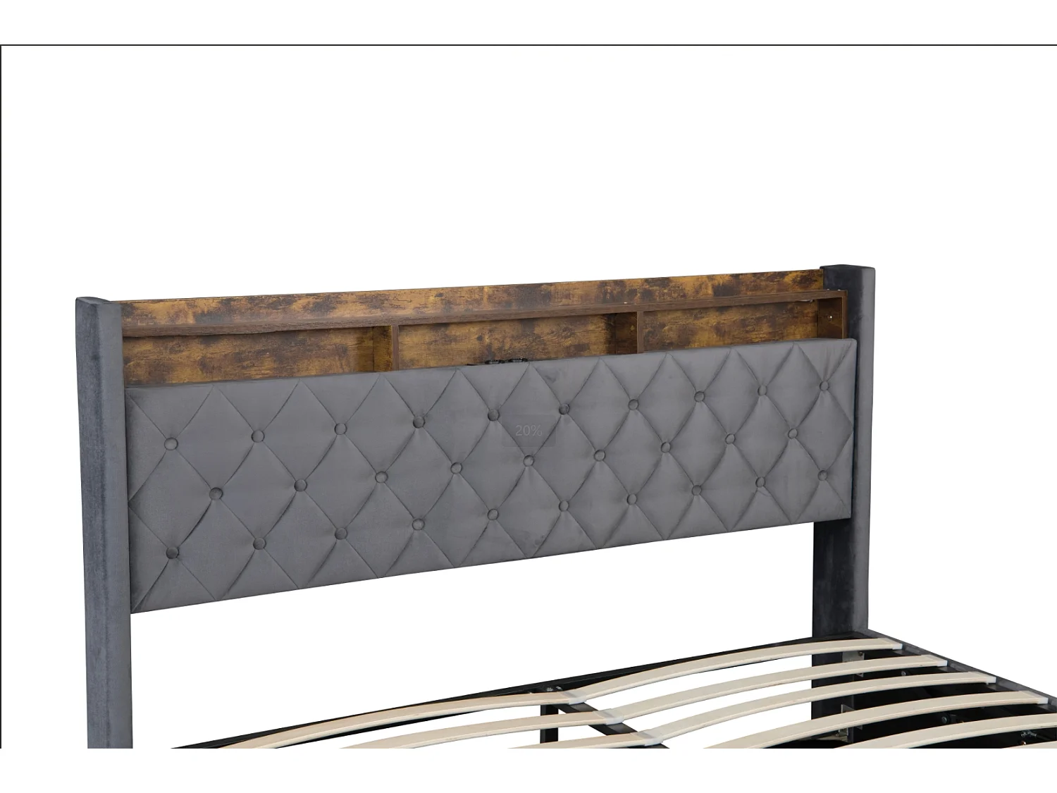 lit coffre double 160x200cm, tête de lit avec port USB, LED, en MDF+ velours gris foncé, sans matelas