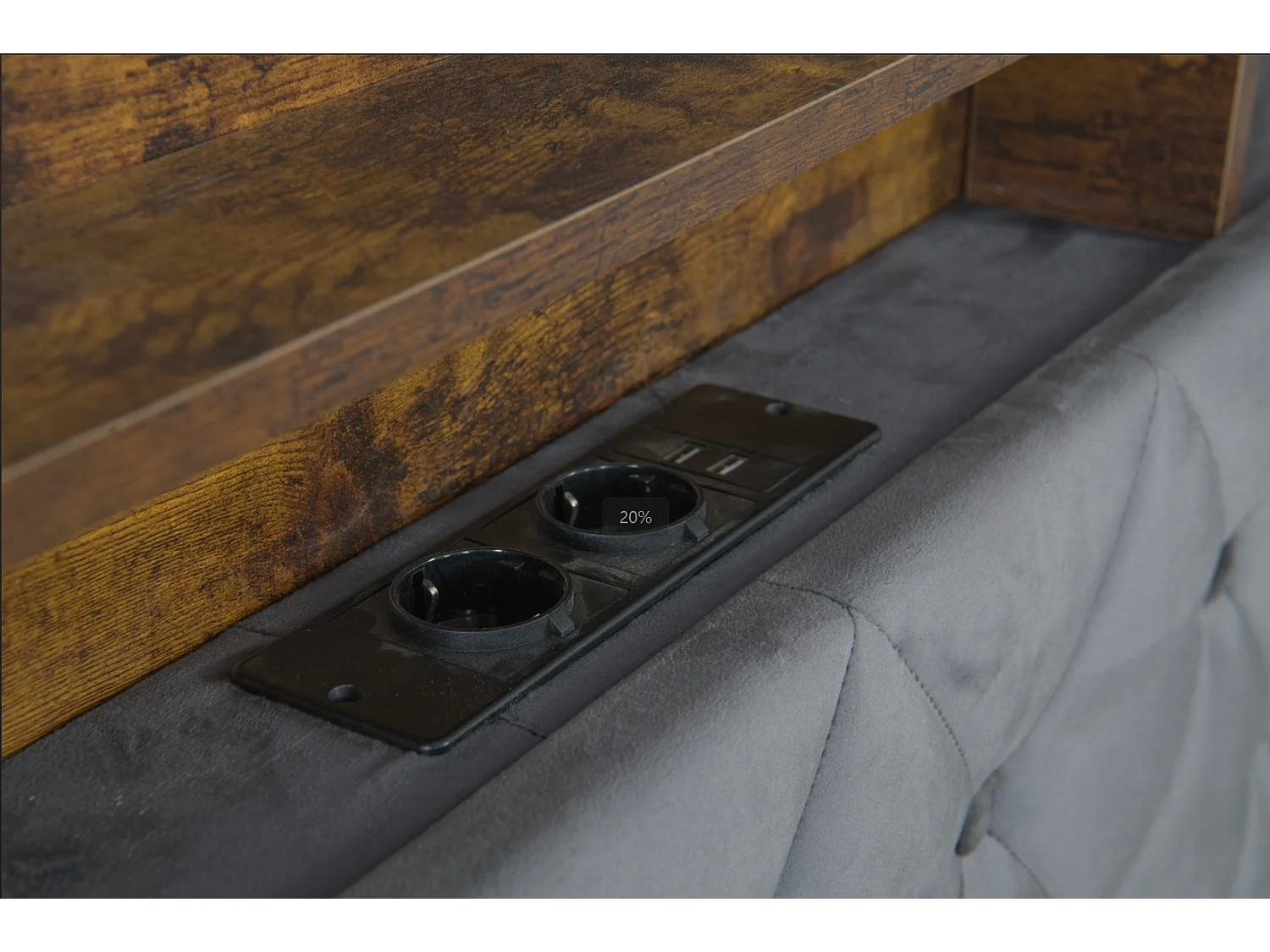 lit coffre double 160x200cm, tête de lit avec port USB, LED, en MDF+ velours gris foncé, sans matelas