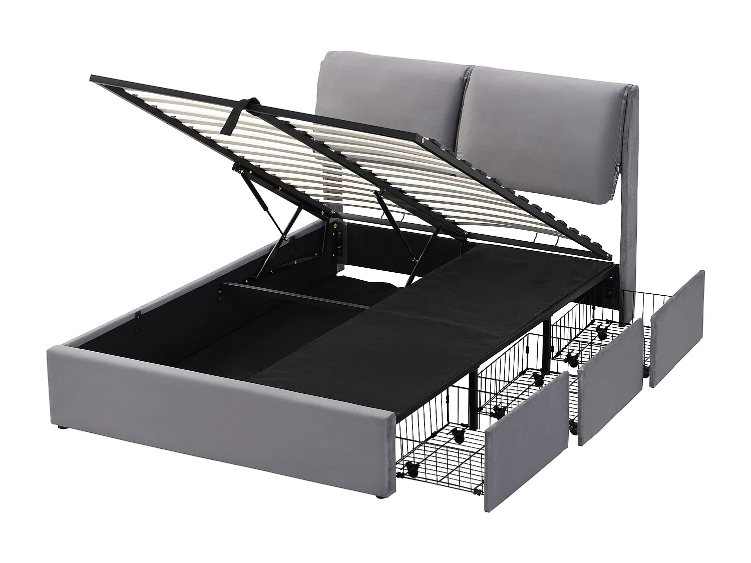 Lit coffre moderne 140 x 190 cm, 3 tiroirs, sommier à lattes, tête de lit, velours gris, sans matelas