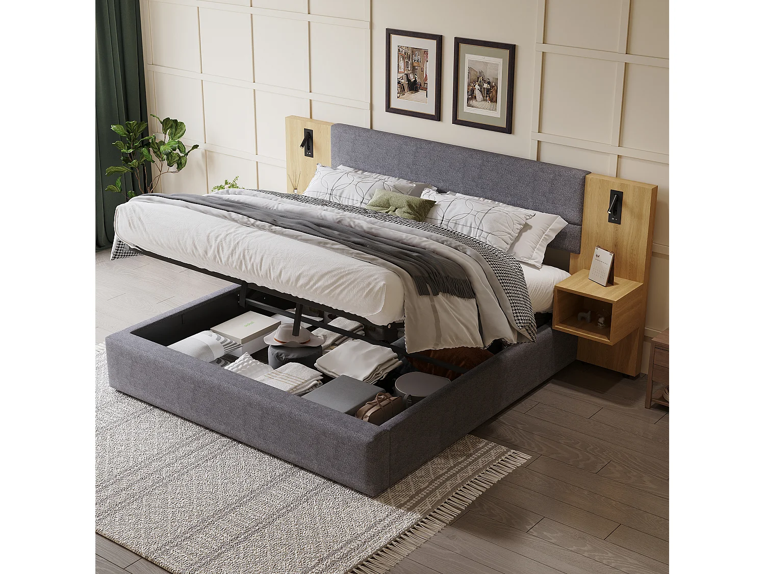 Lit coffre 160x200 cm, port USB et éclairage, chevet avec rangement, velours, gris et naturel, sans matelas