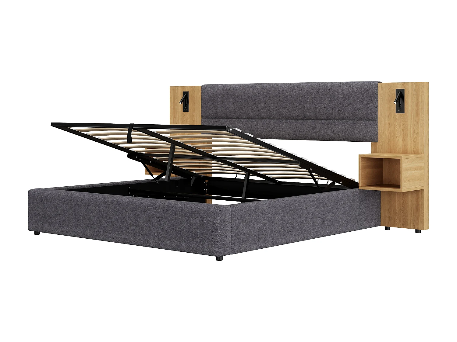 Lit coffre 160x200 cm, port USB et éclairage, chevet avec rangement, velours, gris et naturel, sans matelas