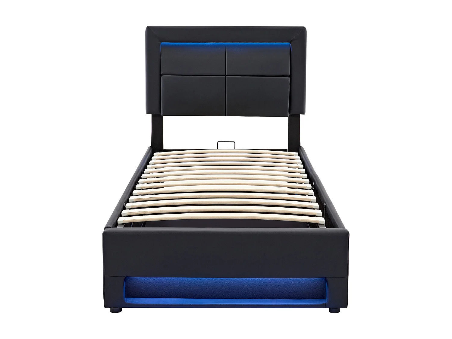 Lit coffre moderne 90x200cm, port USB (charge sans fil et filaire), LED et rangement, PU noir, sans matelas