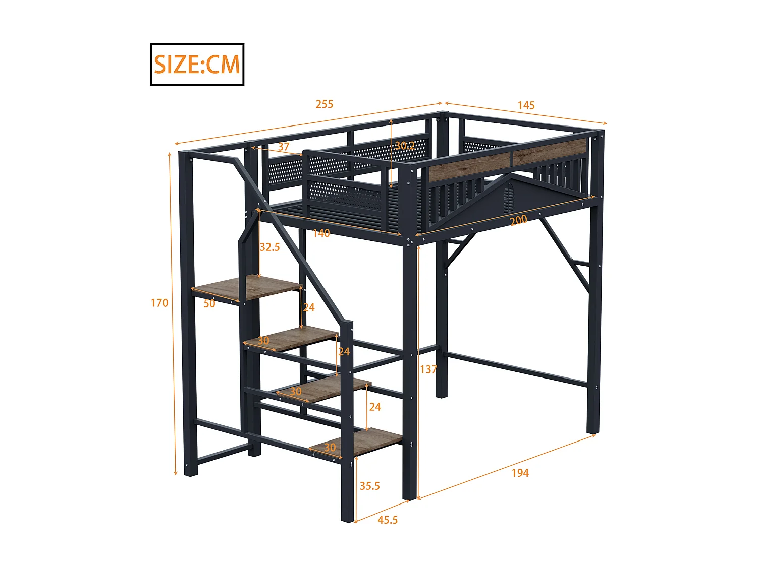 lit mezzanine double 140x200cm, clôtures et d'échelles, en métal noir+ bois, sans matelas