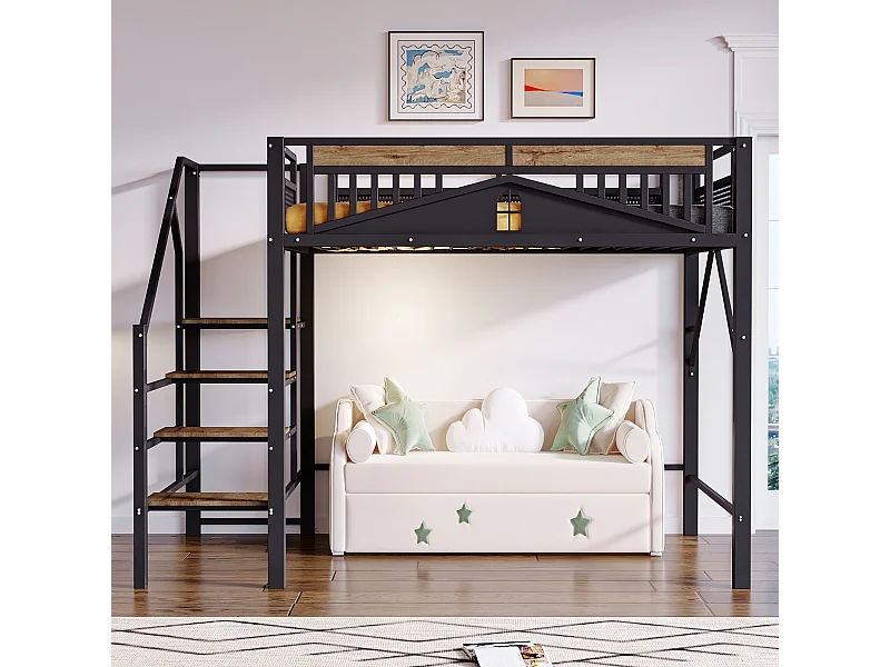 lit mezzanine double 140x200cm, clôtures et d'échelles, en métal noir+ bois, sans matelas