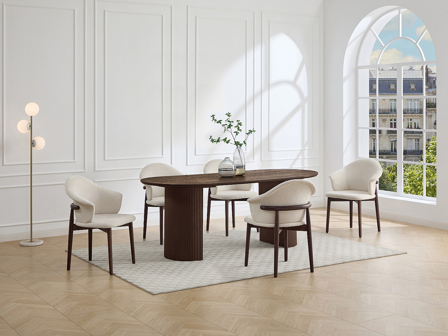 Set aus 6 Stühlen aus strukturiertem Stoff und Gummibaumholz - Creme - LUMELY