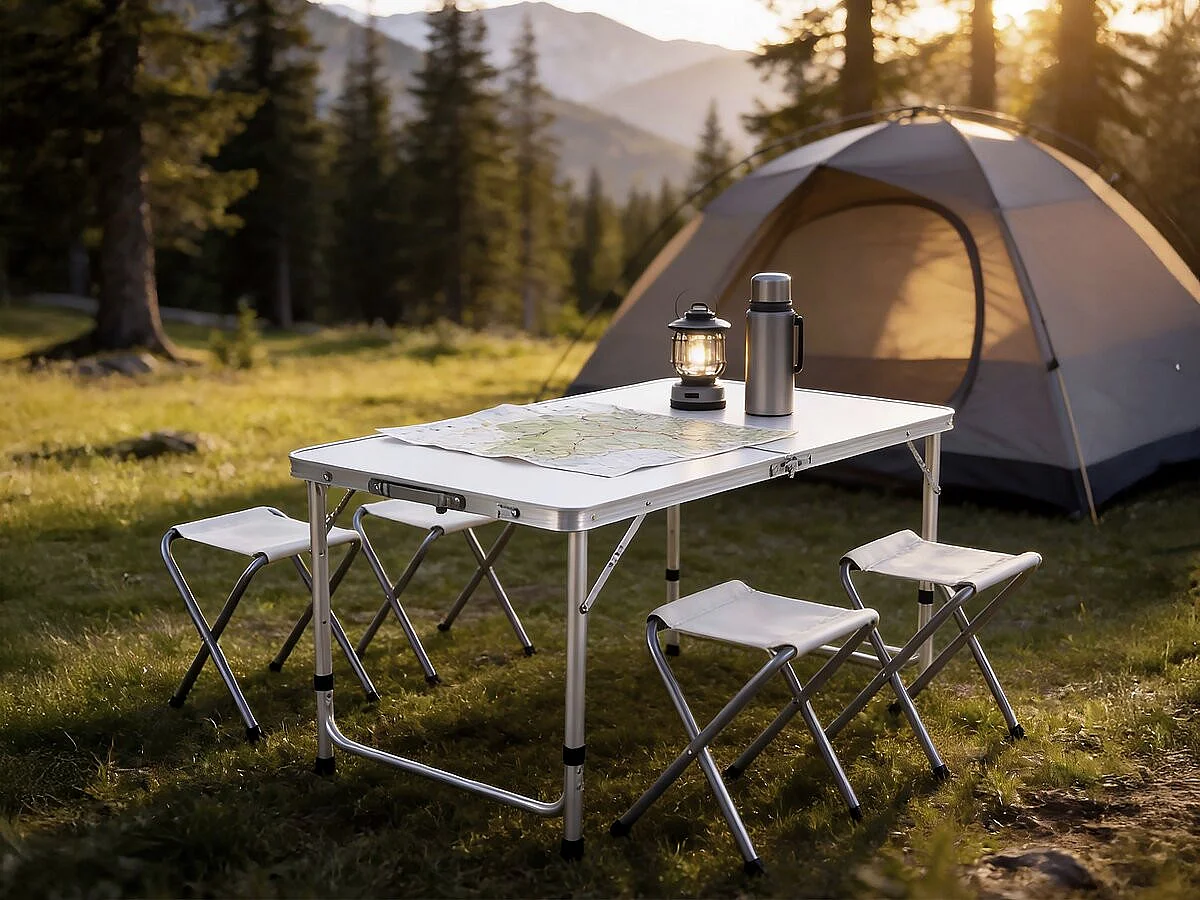 Lote de mesa de camping y 4 taburetes plegables - 125 x 60 cm - Blanco