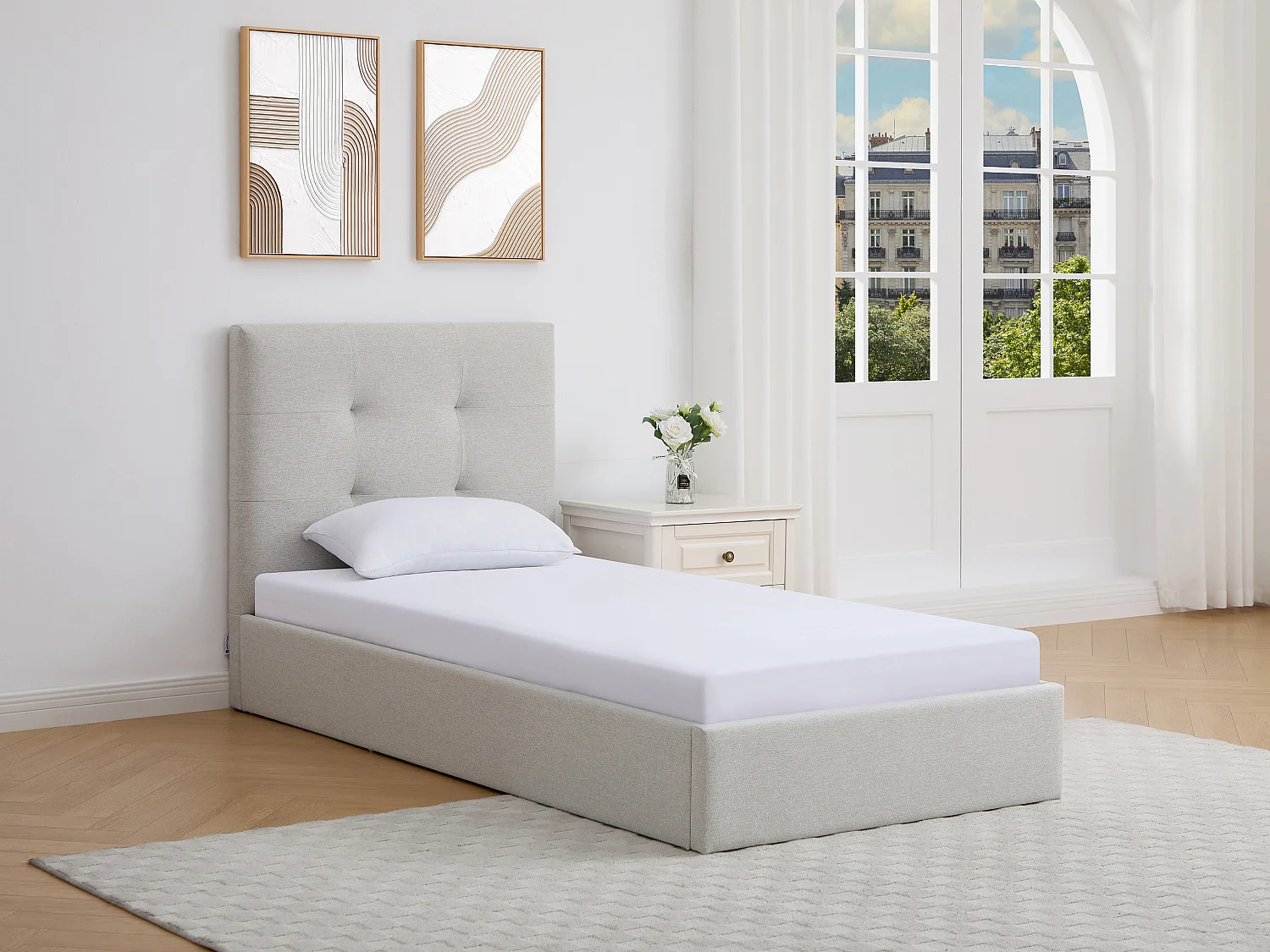 Lit coffre 90 x 190 cm – Tissu – Beige + Matelas – CALINIDA