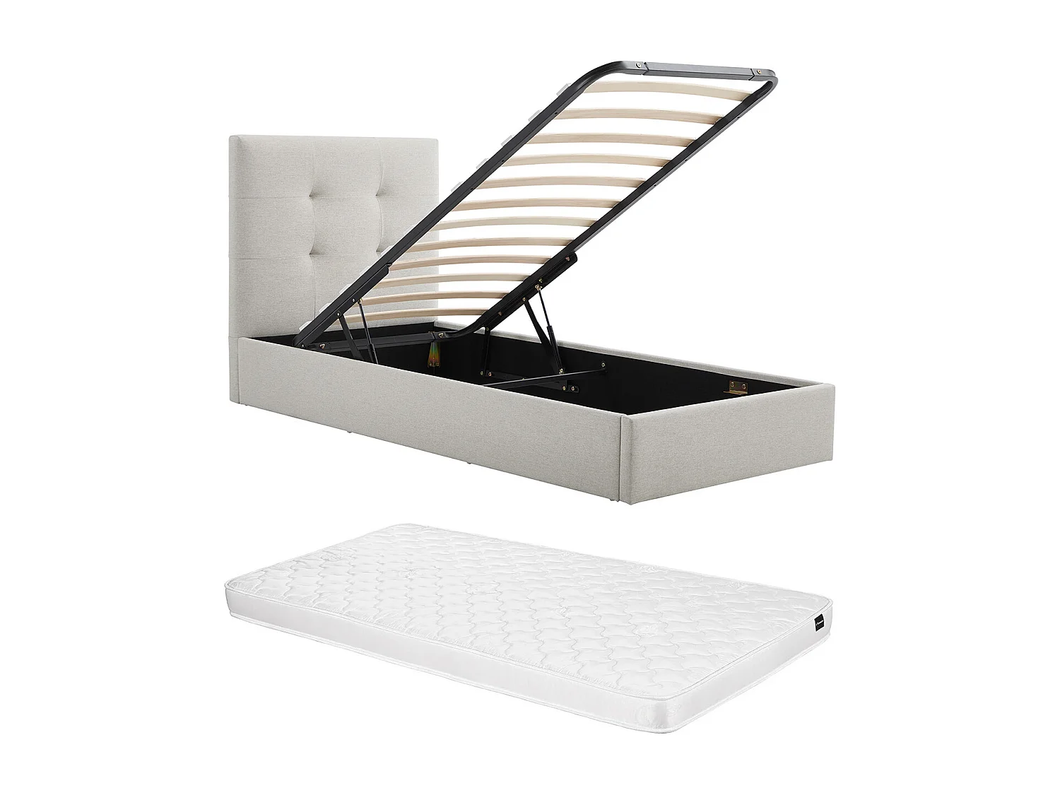 Lit coffre 90 x 190 cm – Tissu – Beige + Matelas – CALINIDA