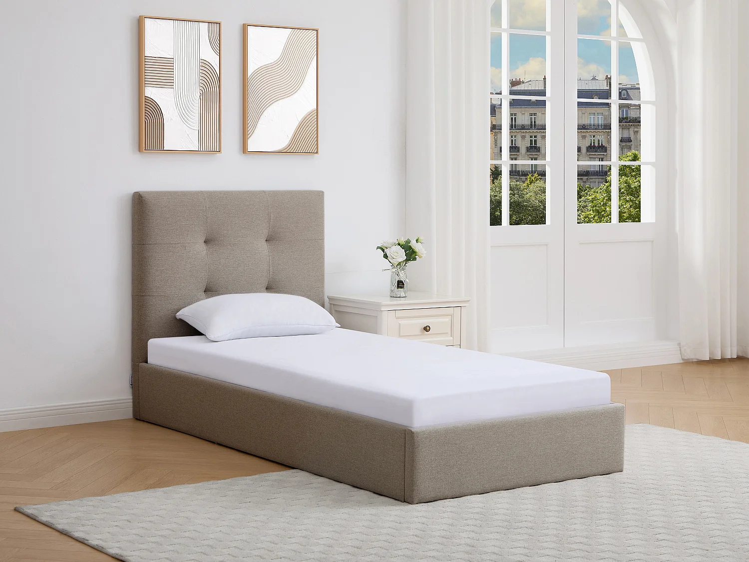 Lit coffre 90 x 190 cm – Tissu – Taupe + Matelas – CALINIDA
