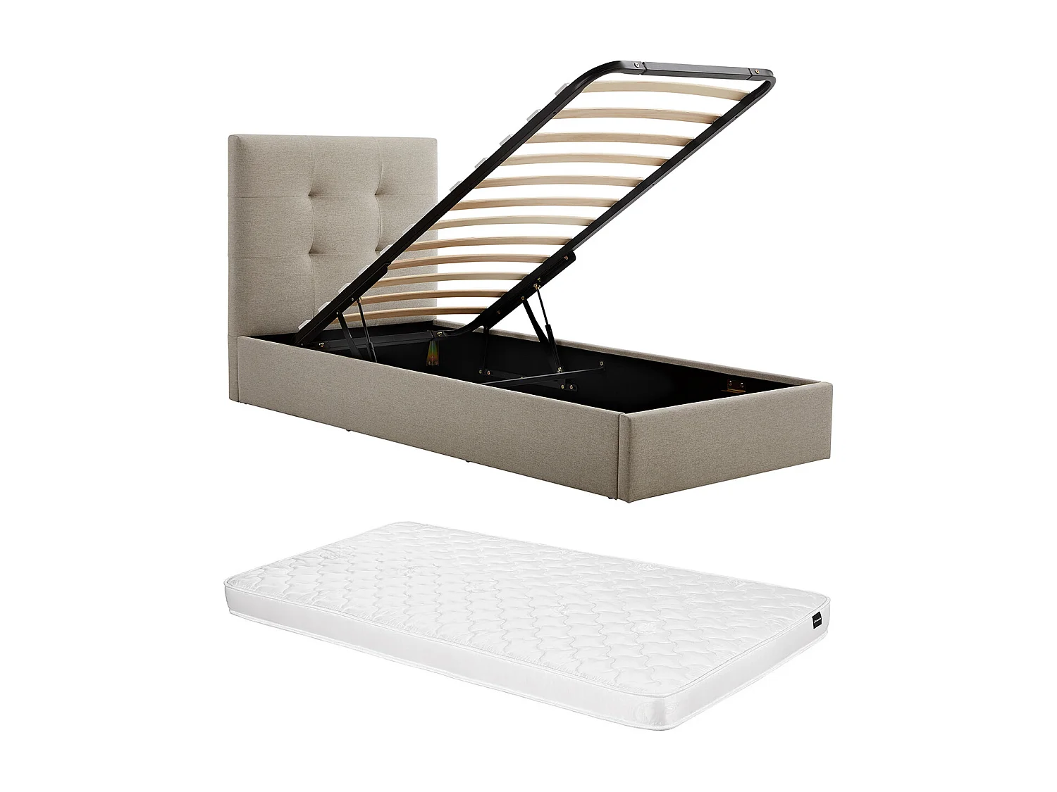 Lit coffre 90 x 190 cm – Tissu – Taupe + Matelas – CALINIDA