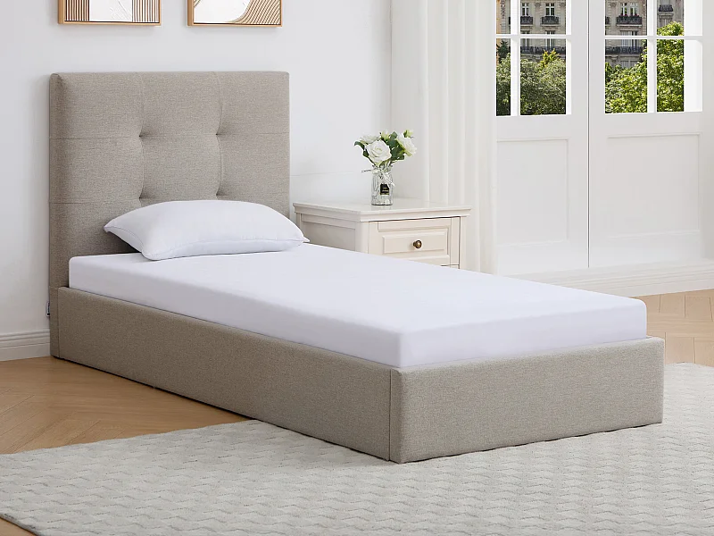 Lit coffre 90 x 190 cm – Tissu – Taupe + Matelas – CALINIDA