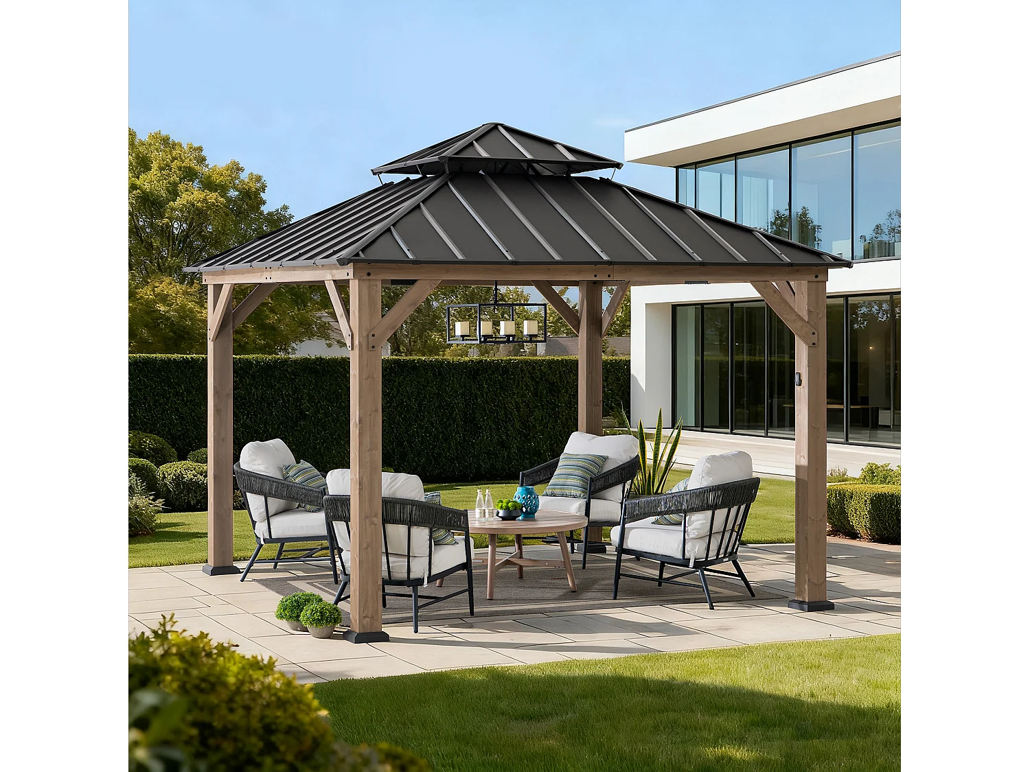 Gazebo d'extérieur KAPS de 330 cm x 330 cm avec toit rigide à énergie solaire, structure en acier marron foncé, éclairage LED et crochet de plafond.