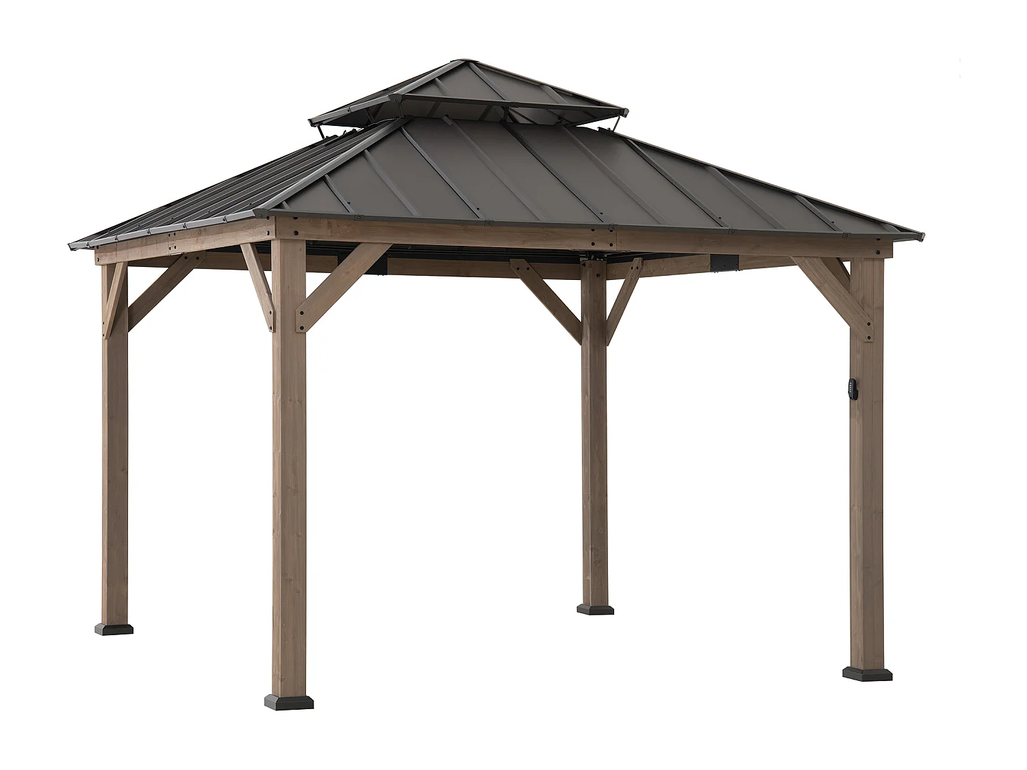 Gazebo d'extérieur KAPS de 330 cm x 330 cm avec toit rigide à énergie solaire, structure en acier marron foncé, éclairage LED et crochet de plafond.