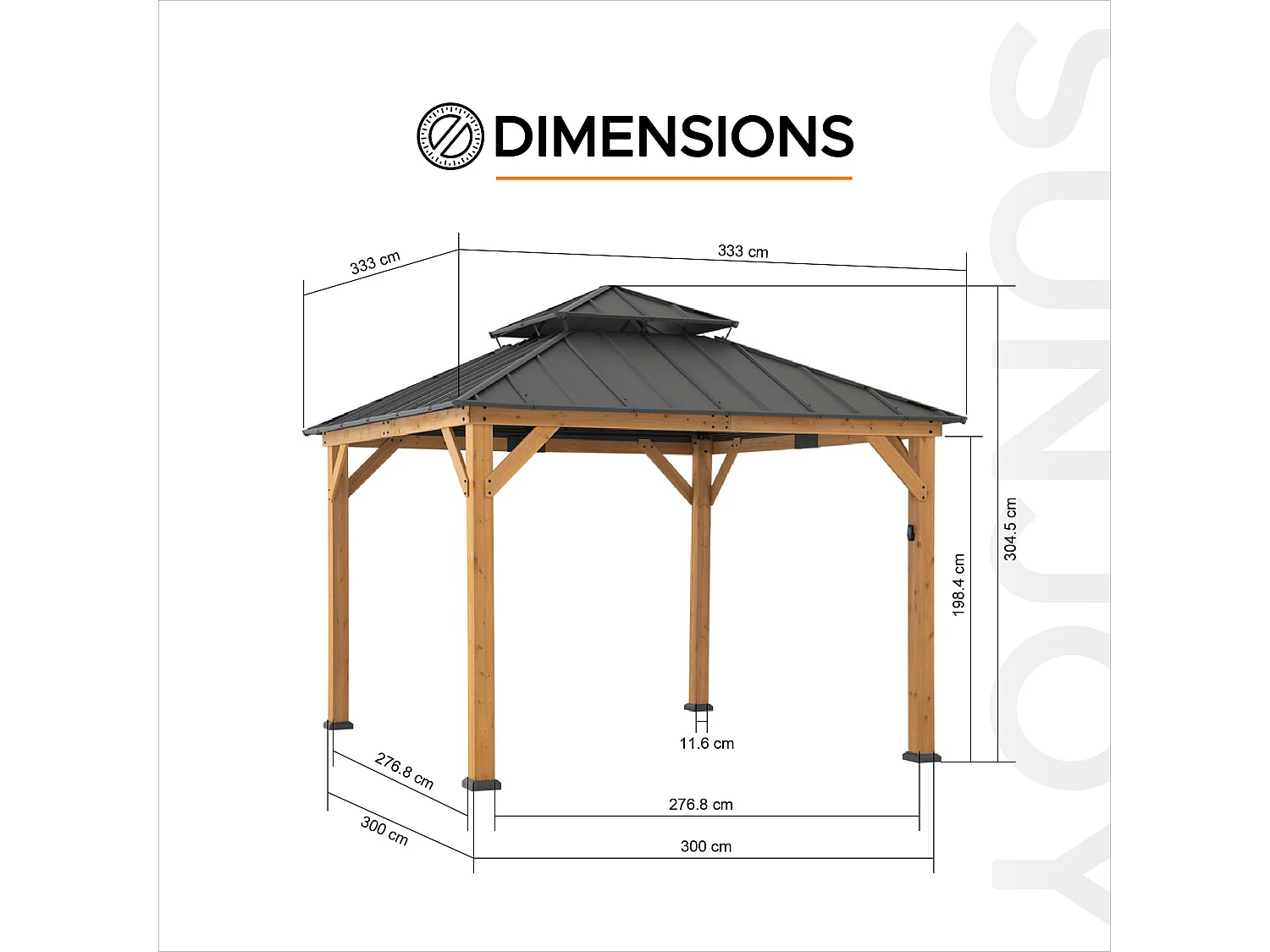 Gazebo d'extérieur KAPS de 330 cm x 330 cm avec toit rigide à énergie solaire, structure en acier marron foncé, éclairage LED et crochet de plafond.