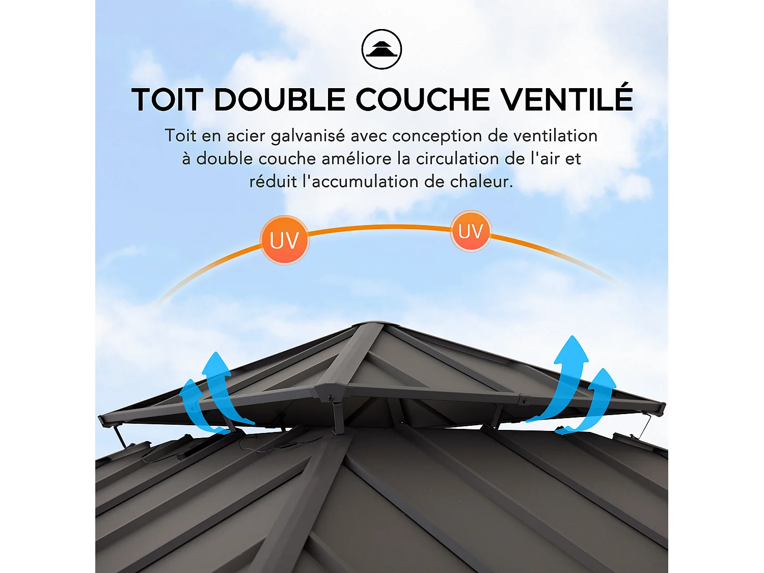 Gazebo d'extérieur KAPS de 330 cm x 330 cm avec toit rigide à énergie solaire, structure en acier marron foncé, éclairage LED et crochet de plafond.