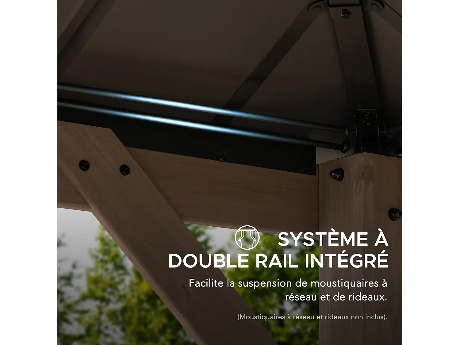 Gazebo d'extérieur KAPS de 330 cm x 330 cm avec toit rigide à énergie solaire, structure en acier marron foncé, éclairage LED et crochet de plafond.