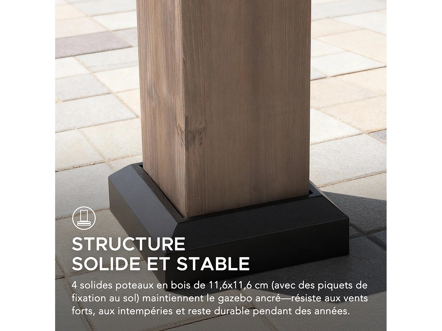 Gazebo d'extérieur KAPS de 330 cm x 330 cm avec toit rigide à énergie solaire, structure en acier marron foncé, éclairage LED et crochet de plafond.