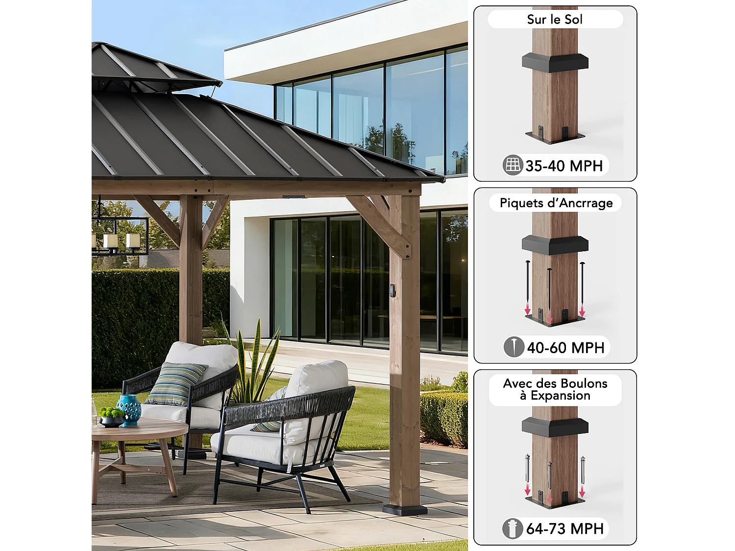 Gazebo d'extérieur KAPS de 330 cm x 330 cm avec toit rigide à énergie solaire, structure en acier marron foncé, éclairage LED et crochet de plafond.