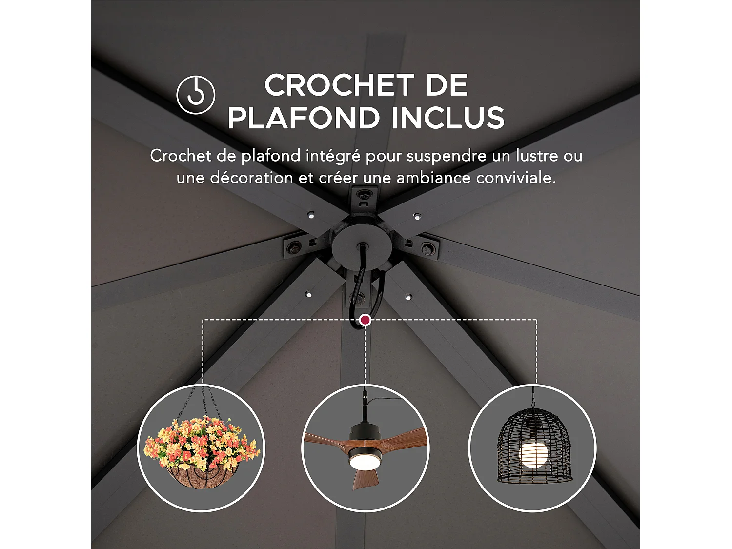 Gazebo d'extérieur KAPS de 330 cm x 330 cm avec toit rigide à énergie solaire, structure en acier marron foncé, éclairage LED et crochet de plafond.