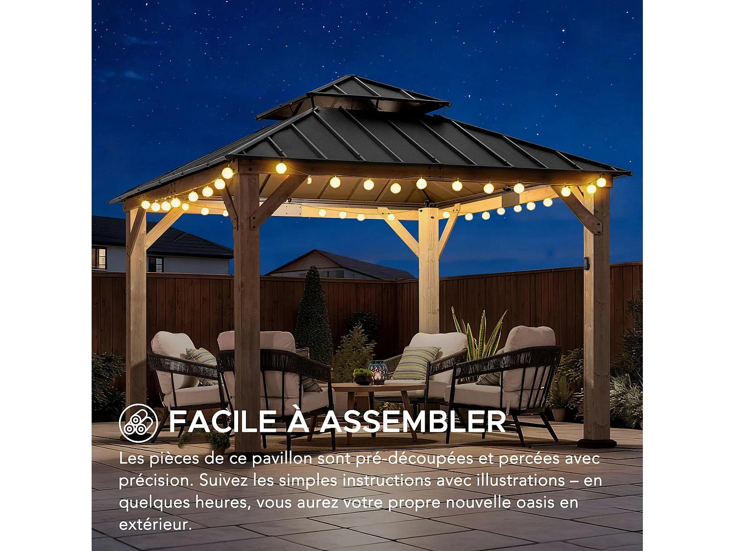 Gazebo d'extérieur KAPS de 330 cm x 330 cm avec toit rigide à énergie solaire, structure en acier marron foncé, éclairage LED et crochet de plafond.