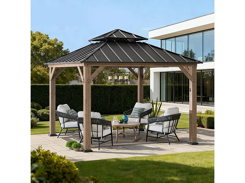 Gazebo d'extérieur KAPS de 330 cm x 330 cm avec toit rigide à énergie solaire, structure en acier marron foncé, éclairage LED et crochet de plafond.