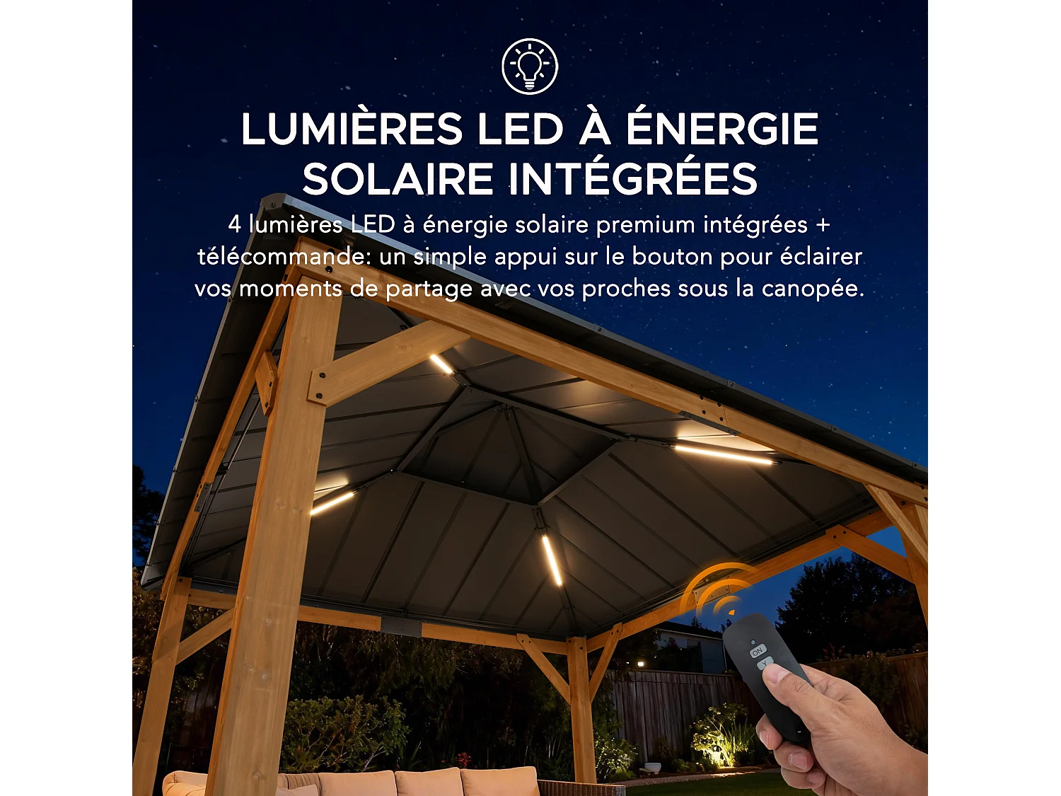 Gazebo d'extérieur KAPS de 330 cm x 330 cm avec toit rigide à énergie solaire, structure en acier anthracite, éclairage LED et crochet de plafond.