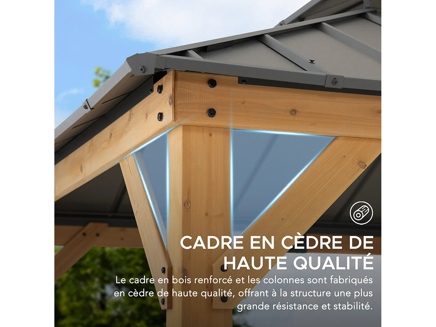 Gazebo d'extérieur KAPS de 330 cm x 330 cm avec toit rigide à énergie solaire, structure en acier anthracite, éclairage LED et crochet de plafond.