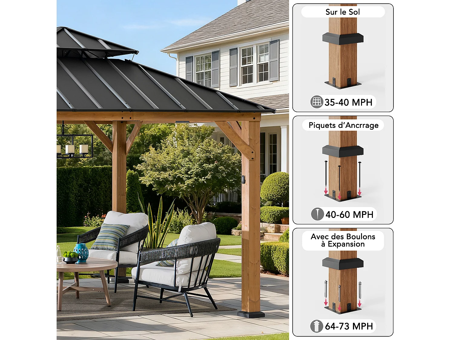 Gazebo d'extérieur KAPS de 330 cm x 330 cm avec toit rigide à énergie solaire, structure en acier anthracite, éclairage LED et crochet de plafond.