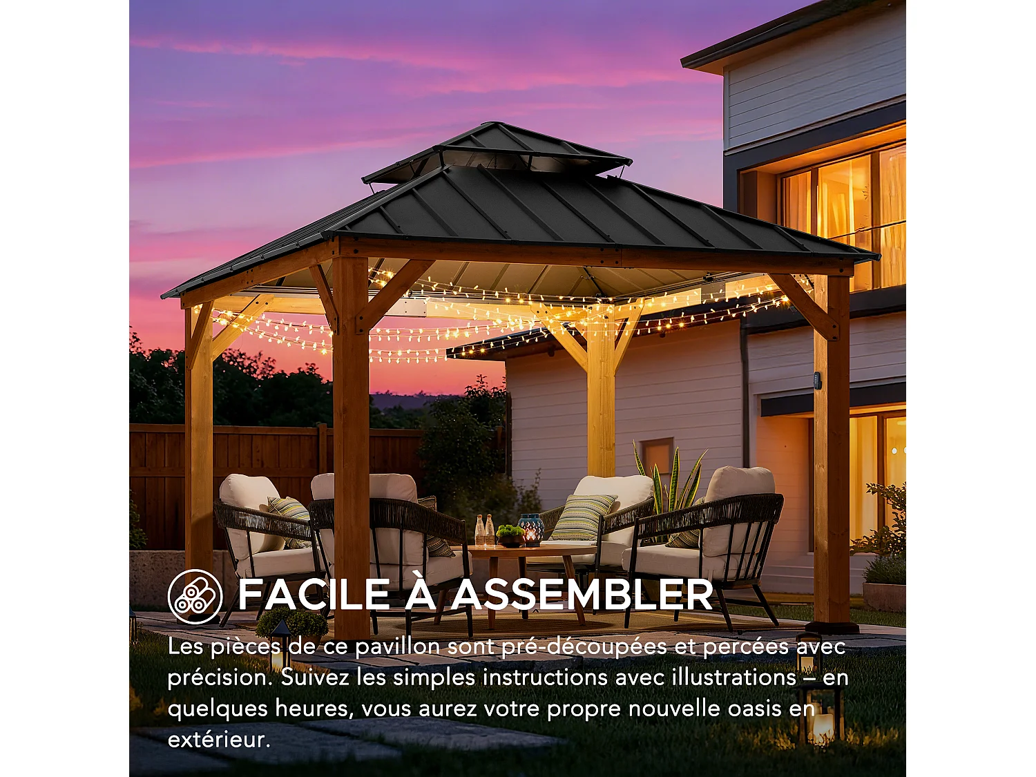 Gazebo d'extérieur KAPS de 330 cm x 330 cm avec toit rigide à énergie solaire, structure en acier anthracite, éclairage LED et crochet de plafond.