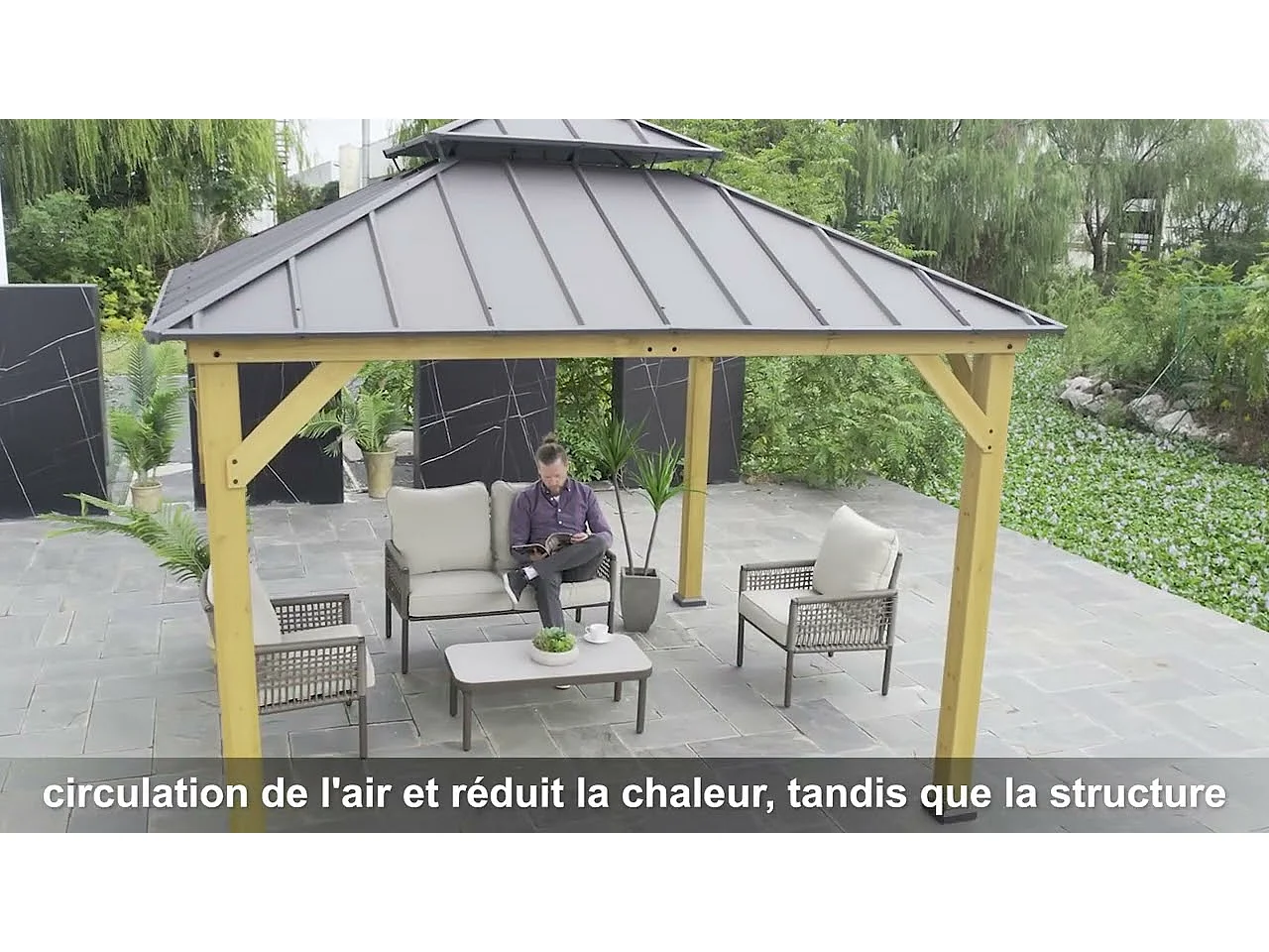 Gazebo d'extérieur KAPS de 330 cm x 330 cm avec toit rigide à énergie solaire, structure en acier anthracite, éclairage LED et crochet de plafond.