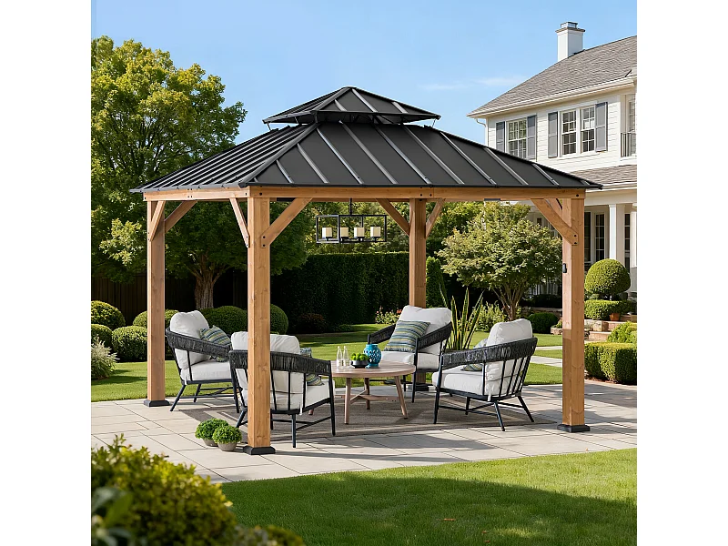 Gazebo d'extérieur KAPS de 330 cm x 330 cm avec toit rigide à énergie solaire, structure en acier anthracite, éclairage LED et crochet de plafond.