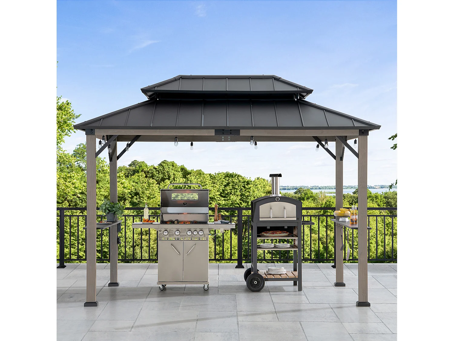 Gazebo pour barbecue ZUPO 360 cm x 240 cm, structure en bois avec toit rigide, prises électriques et étagères, toit anthracite.