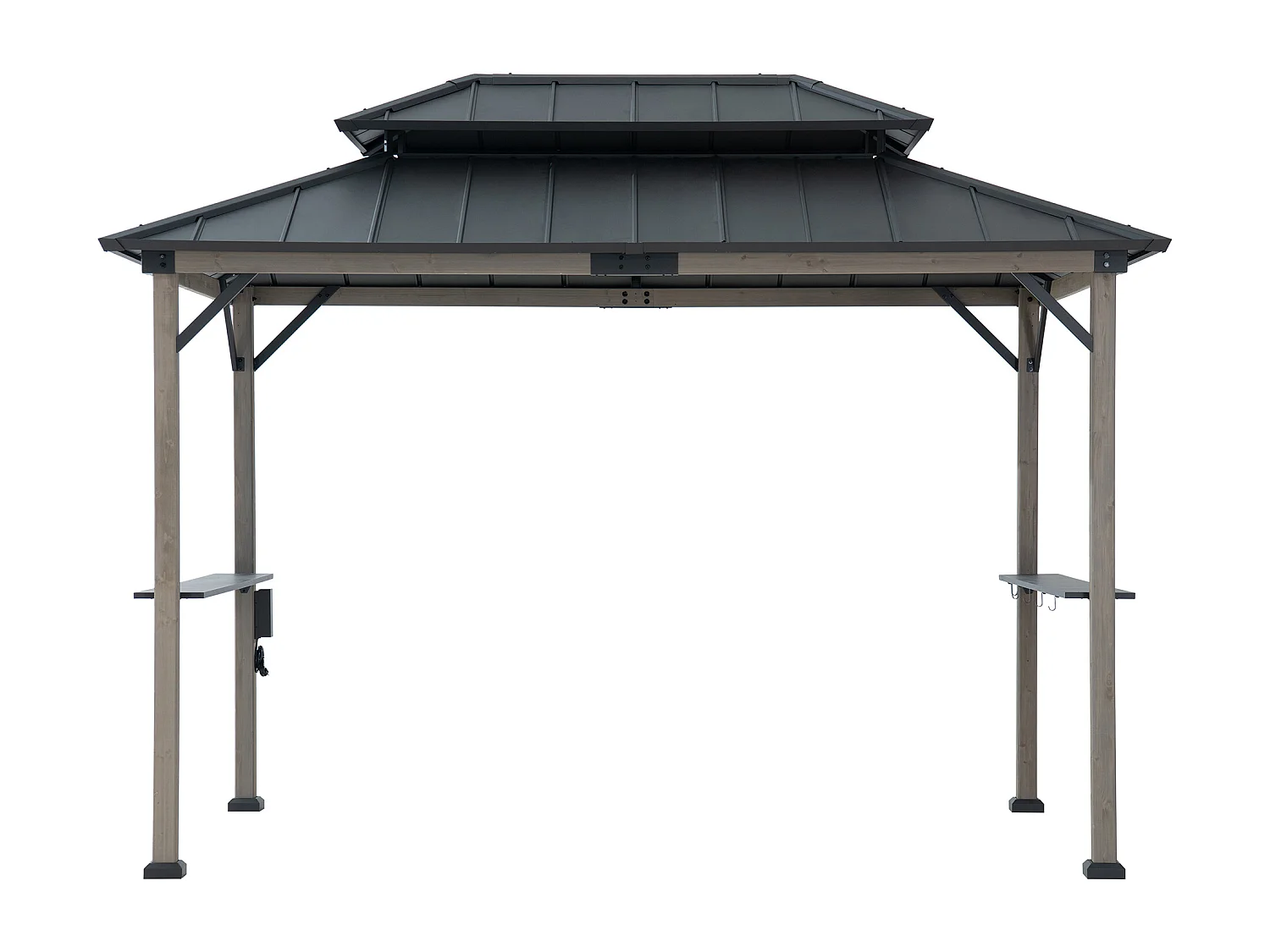 Gazebo pour barbecue ZUPO 360 cm x 240 cm, structure en bois avec toit rigide, prises électriques et étagères, toit anthracite.