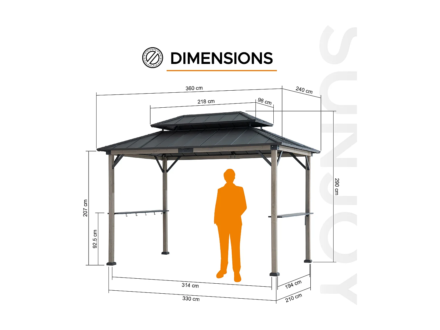 Gazebo pour barbecue ZUPO 360 cm x 240 cm, structure en bois avec toit rigide, prises électriques et étagères, toit anthracite.