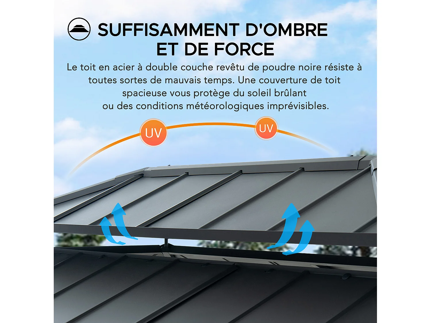 Gazebo pour barbecue ZUPO 360 cm x 240 cm, structure en bois avec toit rigide, prises électriques et étagères, toit anthracite.