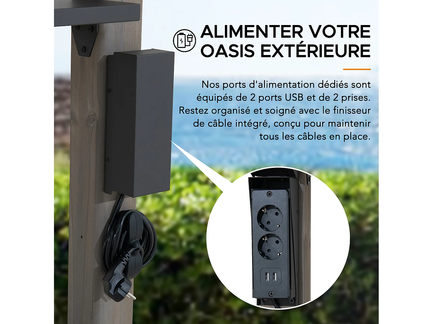 Gazebo pour barbecue ZUPO 360 cm x 240 cm, structure en bois avec toit rigide, prises électriques et étagères, toit anthracite.