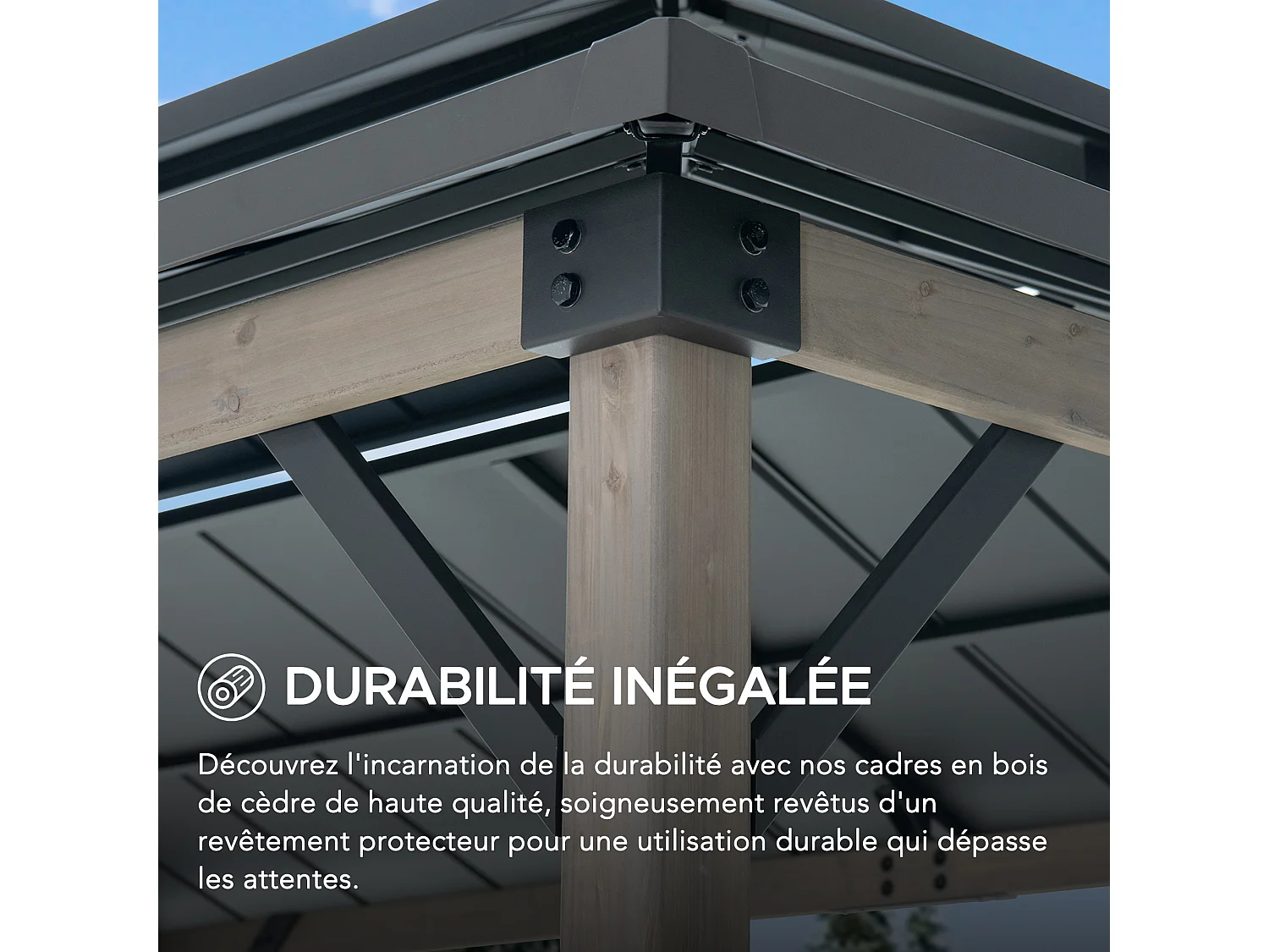 Gazebo pour barbecue ZUPO 360 cm x 240 cm, structure en bois avec toit rigide, prises électriques et étagères, toit anthracite.