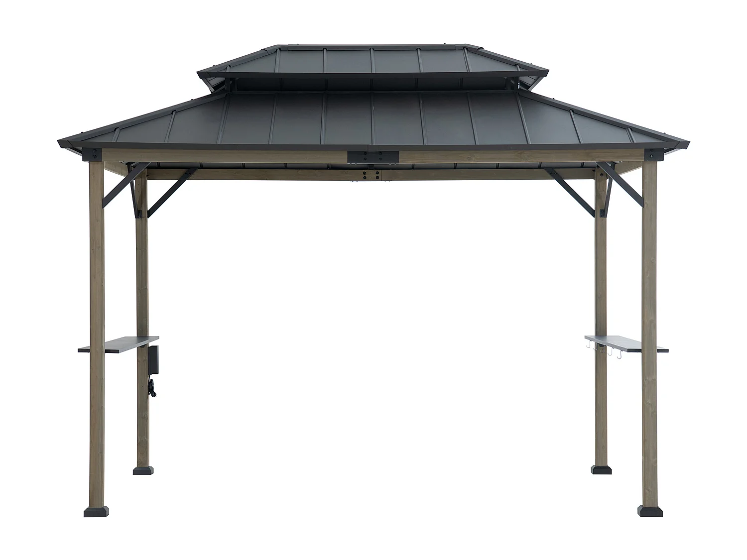 Gazebo pour barbecue ZUPO 360 cm x 240 cm, structure en bois, toit rigide, avec prises électriques et étagères, toit marron.