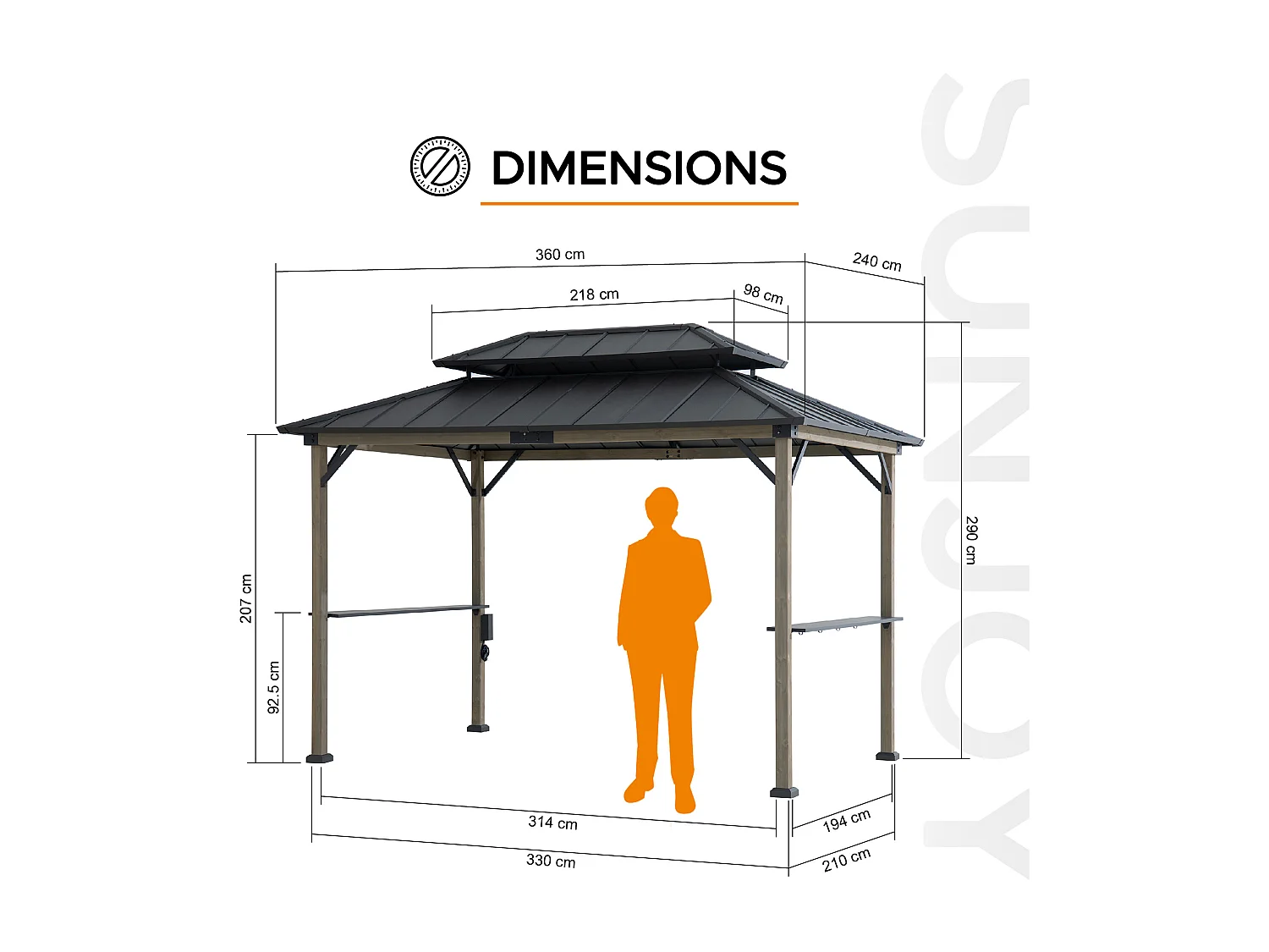 Gazebo pour barbecue ZUPO 360 cm x 240 cm, structure en bois, toit rigide, avec prises électriques et étagères, toit marron.