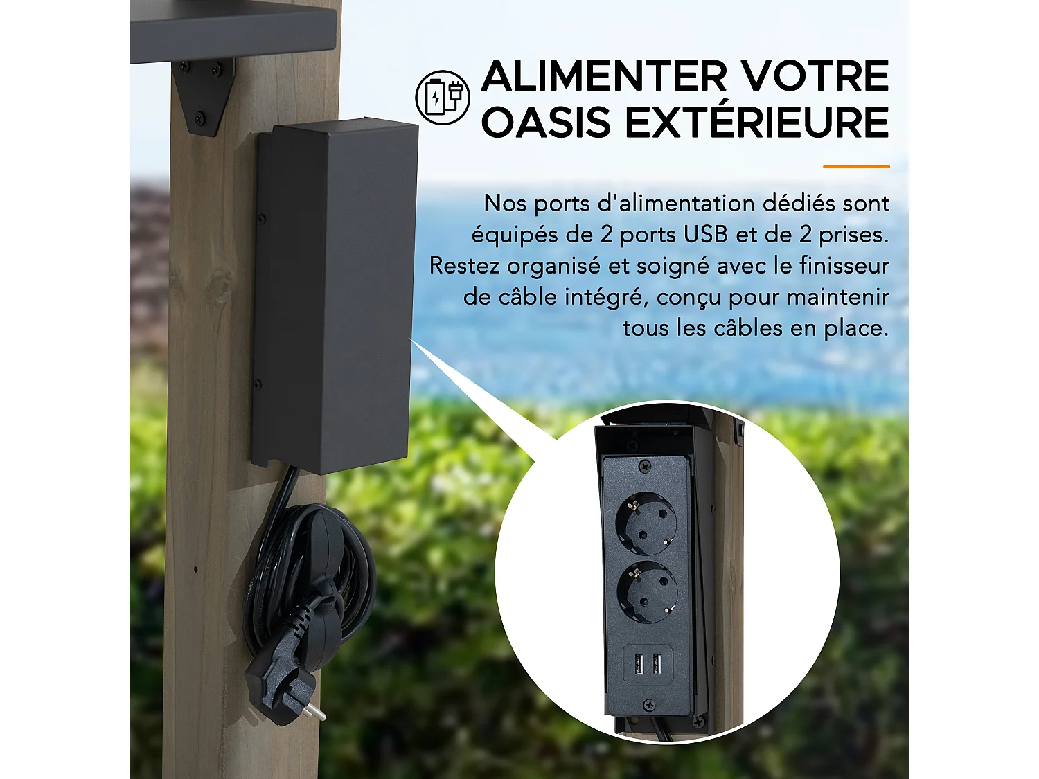 Gazebo pour barbecue ZUPO 360 cm x 240 cm, structure en bois, toit rigide, avec prises électriques et étagères, toit marron.