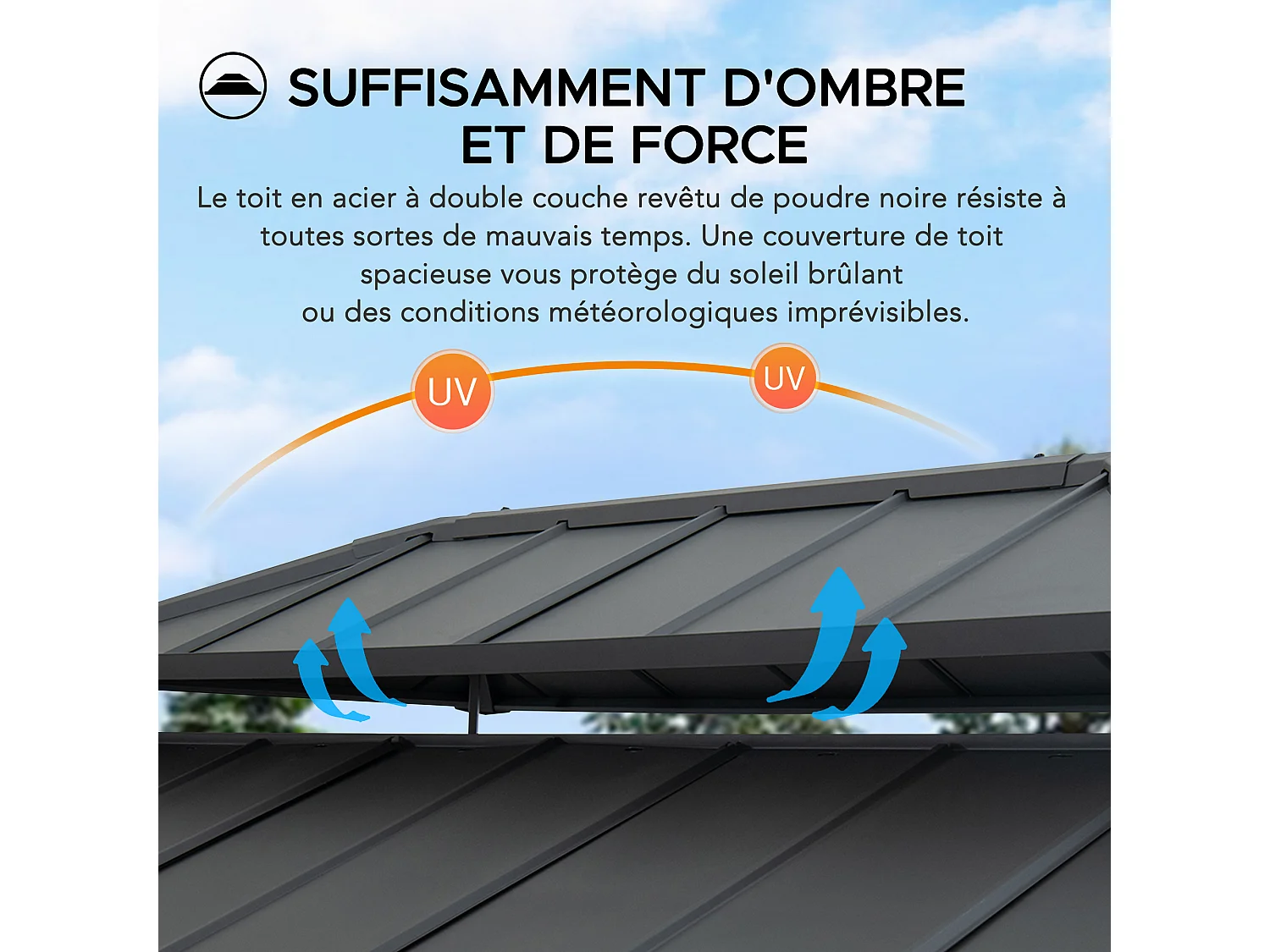 Gazebo pour barbecue ZUPO 360 cm x 240 cm, structure en bois, toit rigide, avec prises électriques et étagères, toit marron.