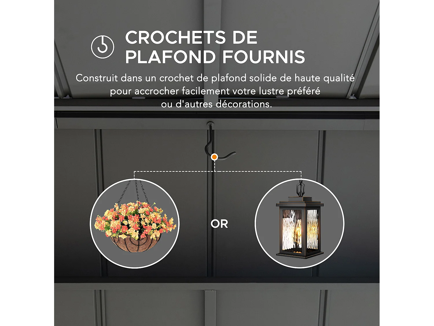 Gazebo pour barbecue ZUPO 360 cm x 240 cm, structure en bois, toit rigide, avec prises électriques et étagères, toit marron.