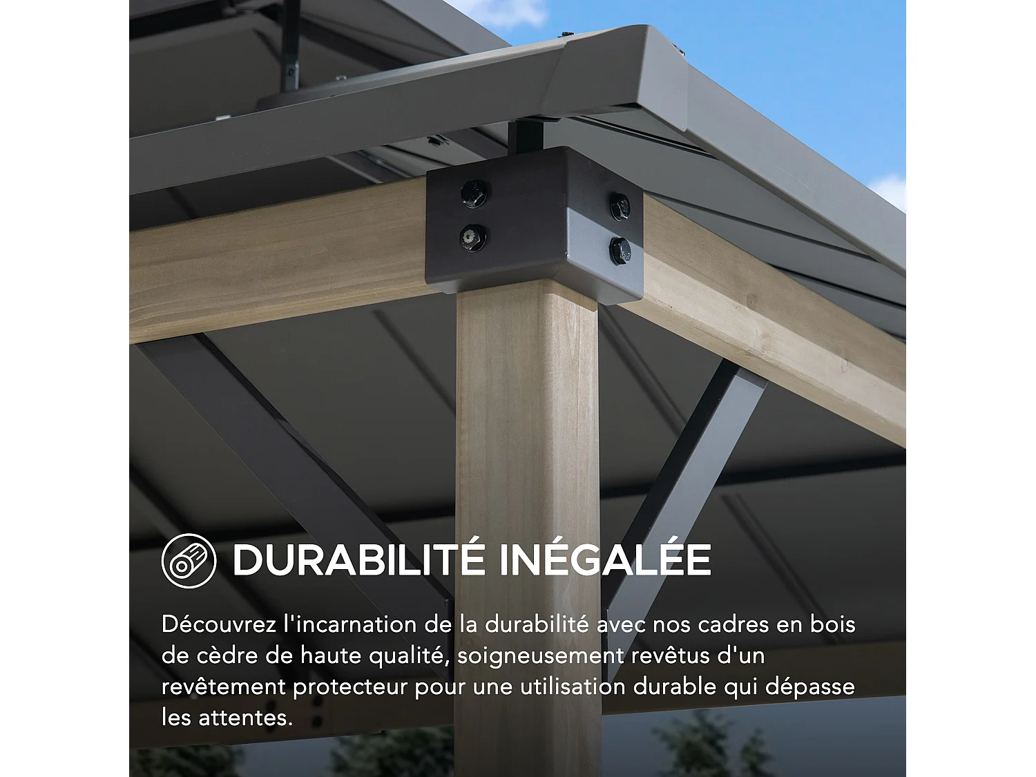 Gazebo pour barbecue ZUPO 360 cm x 240 cm, structure en bois, toit rigide, avec prises électriques et étagères, toit marron.