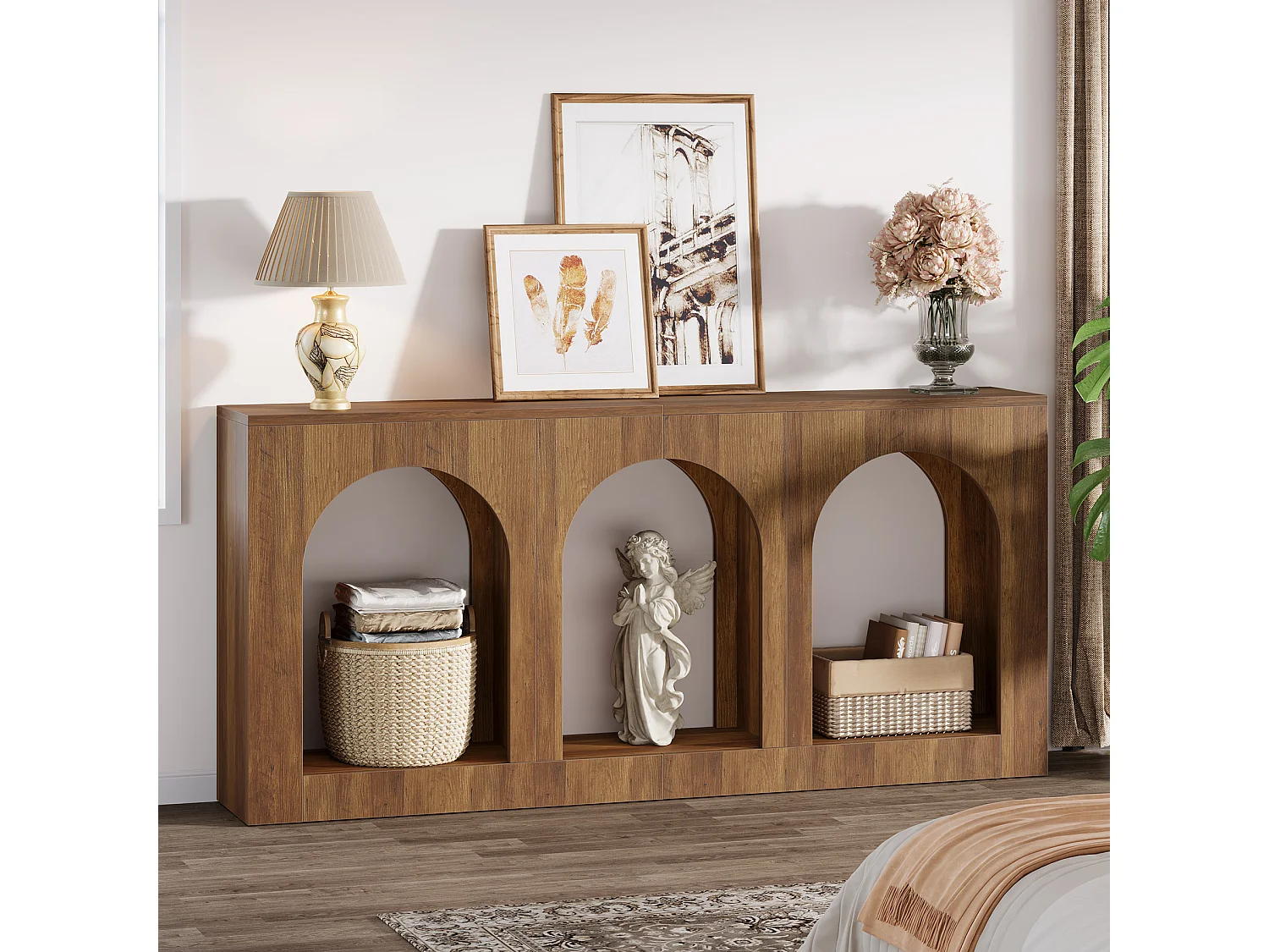 Console, table d'entrée avec 3 étagères cintrées, tables d'entrée avec rangement pour hall d'entrée