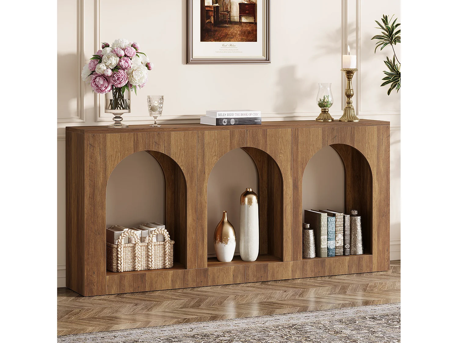 Console, table d'entrée avec 3 étagères cintrées, tables d'entrée avec rangement pour hall d'entrée