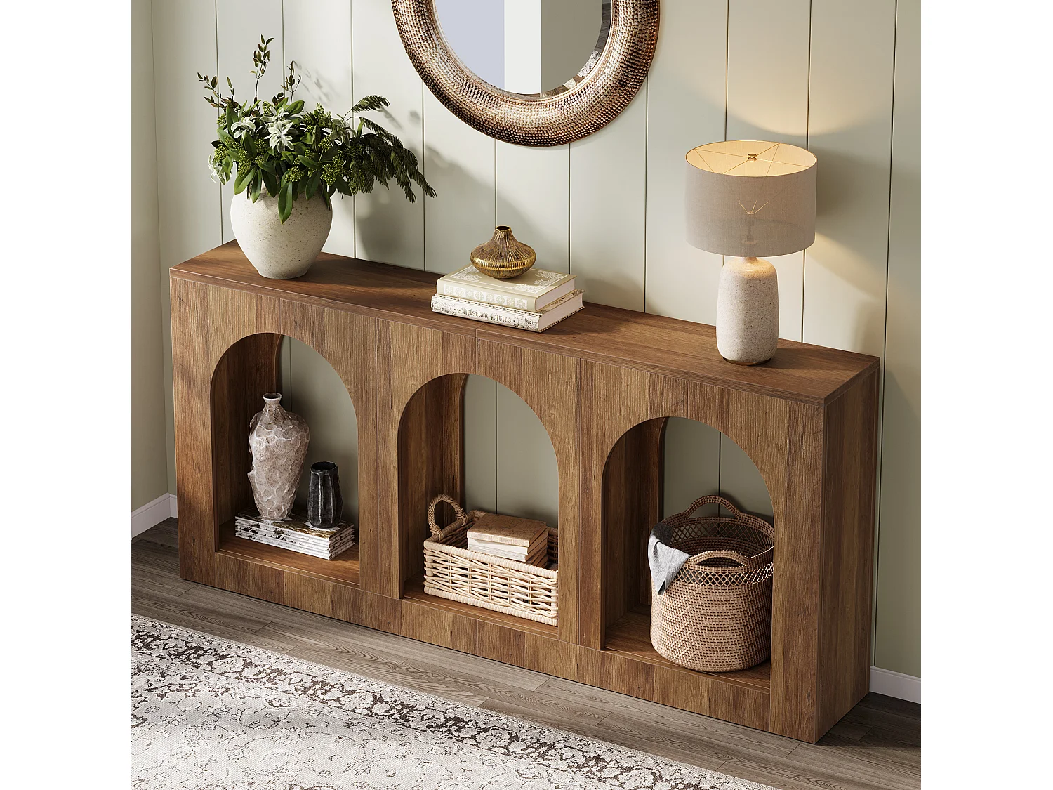 Console, table d'entrée avec 3 étagères cintrées, tables d'entrée avec rangement pour hall d'entrée